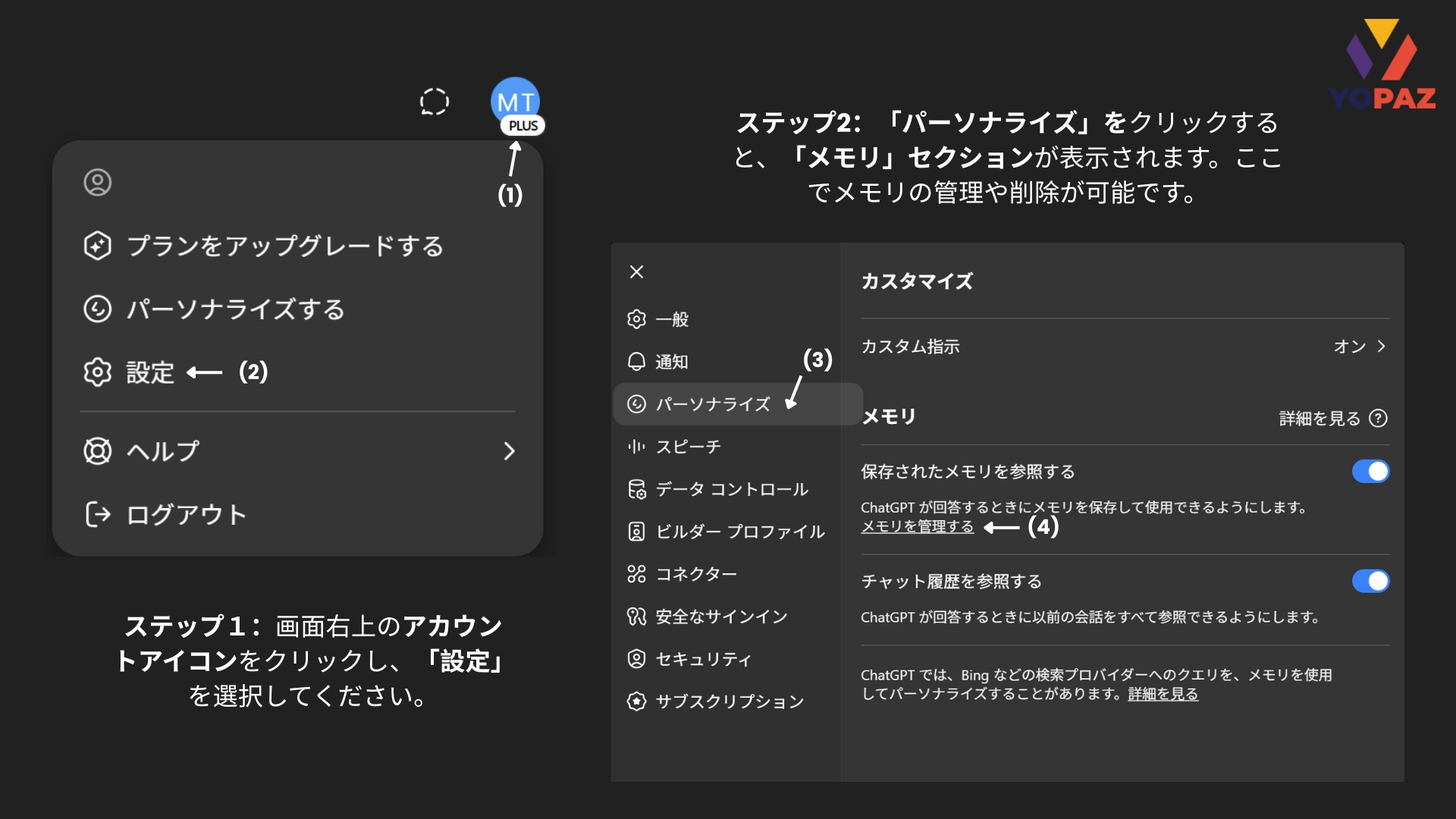 画面右上のアカウントアイコンから［設定］→［パーソナライズ］を開くと、保存メモリの管理・削除ができる画面にアクセスできます。